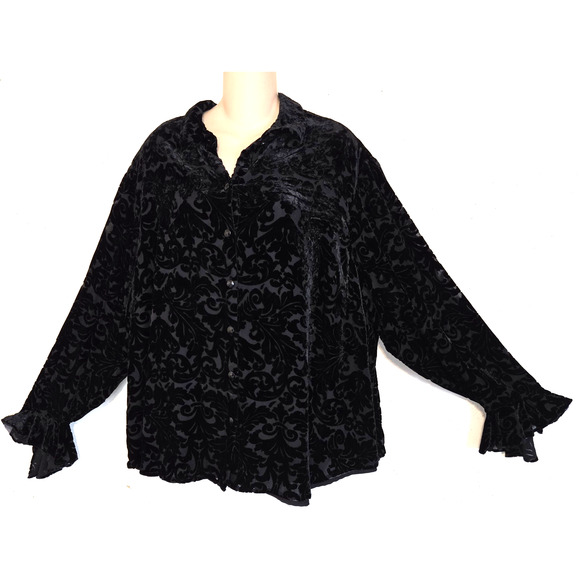 VTG Laura Ashley Black Velvet Burnout Top PLUS Sz 24W Blouse Floral Whimsigoth - Picture 1 of 16